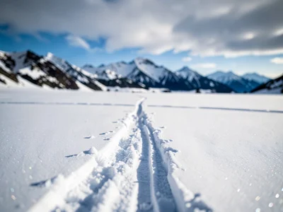 Snow field from tracks to distant peaks