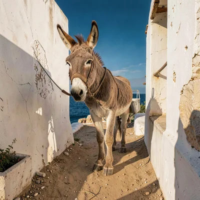 Mediterranean summer photograph, August dry heat, A donkey standing in the narro