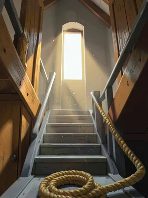 Lighthouse interior staircase pierced by a single window shaft, warm honey wood 