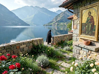 Monastery garden above lake