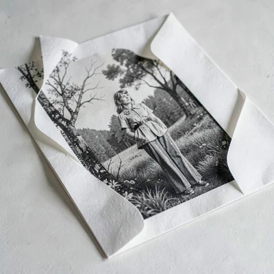 Paper-fold study of a backing sheet folded over a print, archival corners visibl