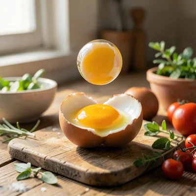 Egg cracked open but yolk floats above shell halves, perfect sphere, kitchen lig