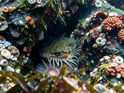 Sculpin fish hiding in tide pool crevice, camouflaged against algae-covered rock