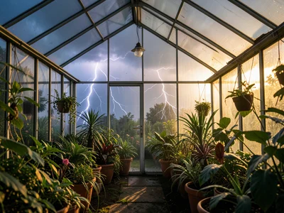 Summer thunderstorm happening inside greenhouse, plants thriving, lightning betw