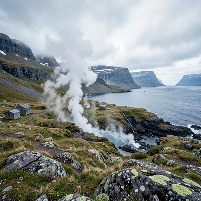 Icelandic isolation, Westfjords remoteness, Hot spring steam rising from hillsid