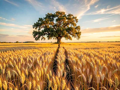 Golden field with single tree island