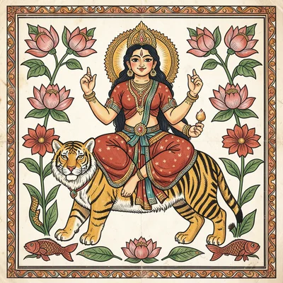 Durga figure seated on tiger — symmetrical flanking flowers, stylized face, fron