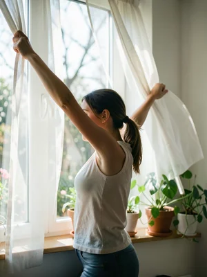 Young woman stretching by a sunlit window, sheer curtains blowing in spring bree
