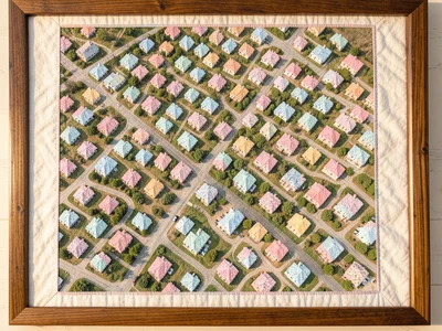 Suburban sprawl as a quilt of tiny identical house-shaped patches in pastel colo