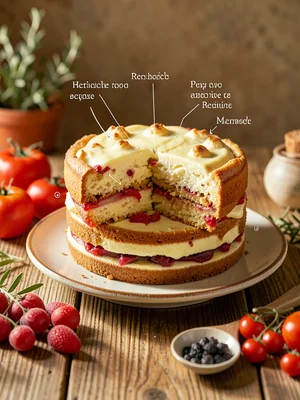 Layer cake with illustrated cross-section showing each layer's recipe annotation