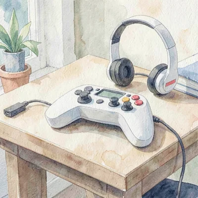 Papercraft scene of a paper game-controller resting on a paper desk with paper h