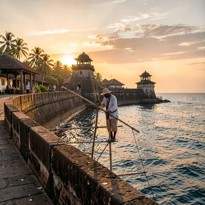 Galle fort golden hour, Dutch colonial tropical, Stilt fisherman balanced on pol