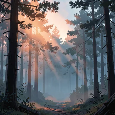 Foggy boreal pine forest with a single dawn shaft cutting through mist, warm cor
