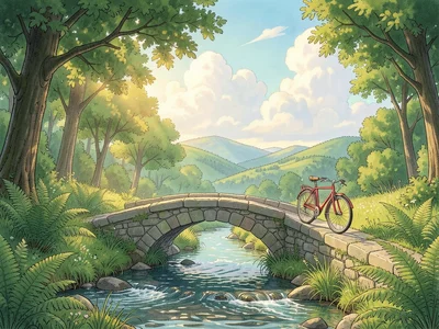 Small stone bridge over a babbling stream in a wooded glen, ferns everywhere, da