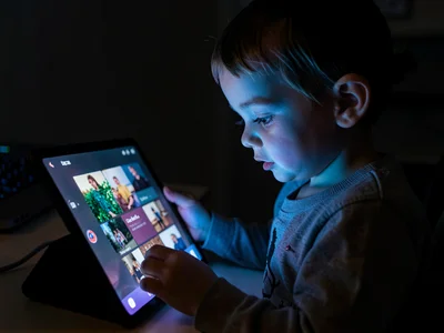 Child showing parent something on tablet, shared screen glow, the bonding over d