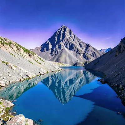 High altitude photograph, thin mountain air, A high altitude lake reflecting a s