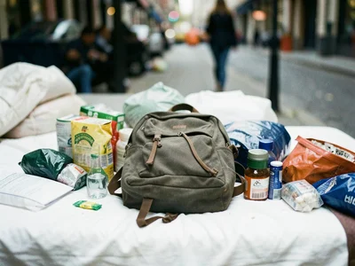New backpack on bed surrounded by supplies to be packed, preparation