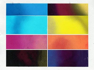CMYK gradient test bars with progressive misregistration, smooth color ramp brea