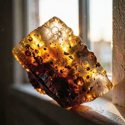 Baltic amber luminescence, backlit golden-brown, Raw amber chunk held up to wind