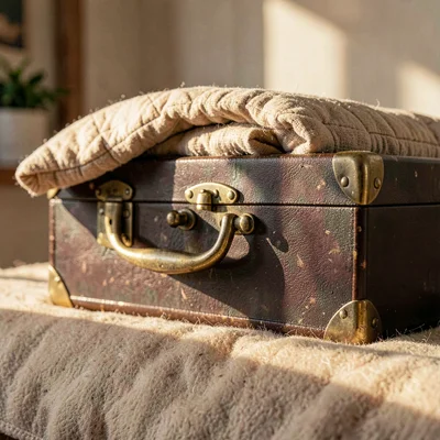 Cozy still life of a brass-handled trunk with a folded quilt, warm beige felt be