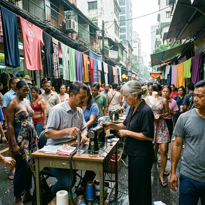 Documentary photograph of megacity life, dense urban scene, A tailor at a sewing