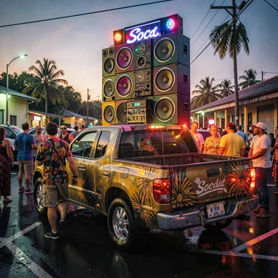 Vivid photograph with Trinidadian cultural fusion aesthetic, Soca speaker system