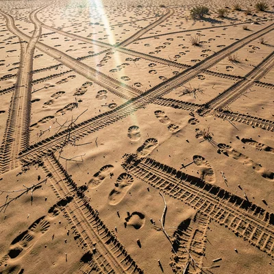 Desert environment photograph, extreme heat conditions, Footprints and tire trac