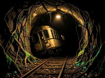Underground subway tunnel choked with overgrown roots and bioluminescent moss, a