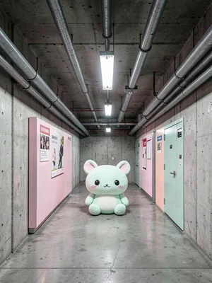 Totoro plush in metro station service corridor, exposed pipes and conduit, kawai