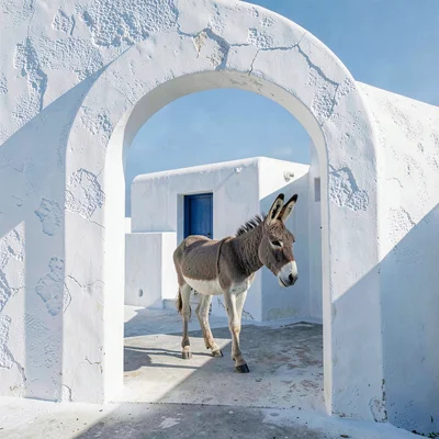 Cycladic whitewash study, Greek island lime, A donkey standing in the shade of a