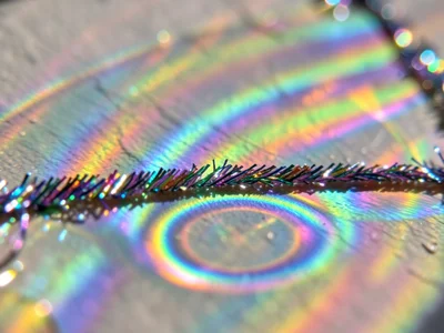 Tinsel strand catching light showing iridescent thin-film colors, macro