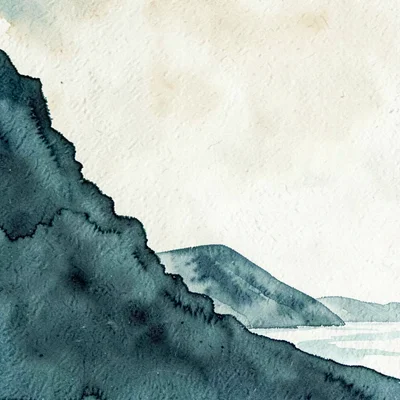 A serrated coastal-mountain silhouette runs along the left edge in dark teal aga