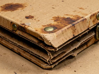 Vintage cardboard suitcase surface, reinforced corners with brass rivets, paper 