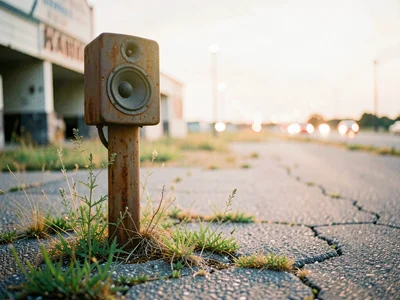Rusted speaker post at an abandoned drive-in theater, weeds growing through crac