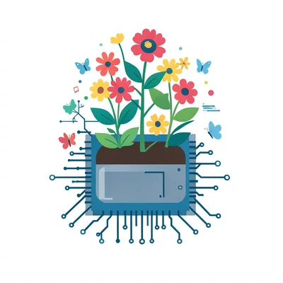 A garden growing from a computer chip, flowers and circuits intertwining, butter