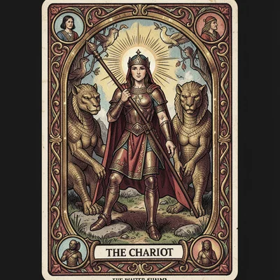 Tarot card illustration, The Chariot drawn by sphinxes, armored figure with wand
