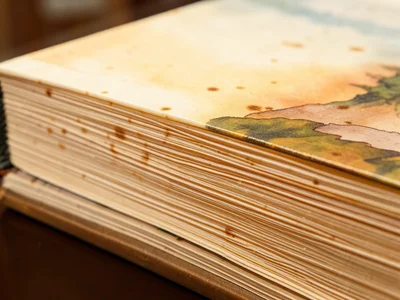 Hidden fore-edge painting revealed by fanning pages, watercolor landscape appear