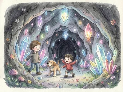 Child and dog in crystal cave