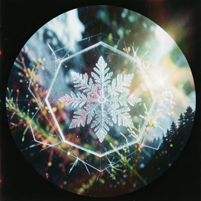 Circle containing macro of a single snowflake crystal, hexagonal ice geometry in