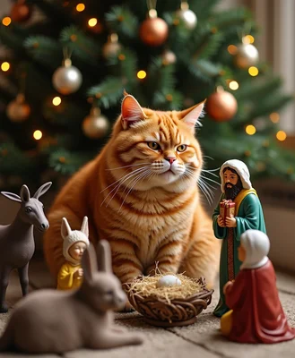 Super fat orange cat sitting in nativity scene und