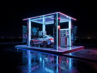 Electric vehicle charging station at night, neon reflections on wet pavement