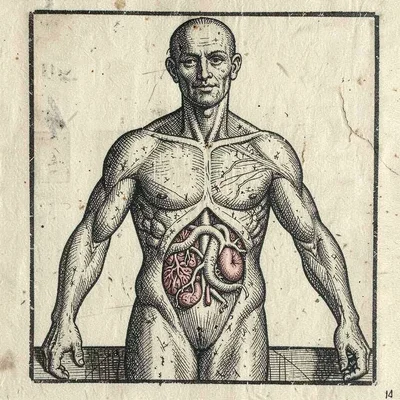 An anatomical figure with organs exposed