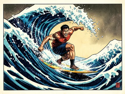 Surfer riding wave rendered in Hokusai Great Wave woodblock print style