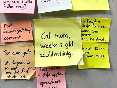 Sticky note to self: "Call mom," weeks old, the guilt accumulating, edges curlin