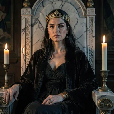Cinematic narrative portrait of a stoic queen on a marble throne, candlelight on