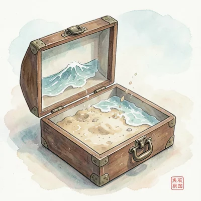 Miniature beach with waves inside open suitcase, sand spilling out
