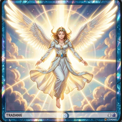 Trading card game illustration, a celestial angel descending with six wings of p