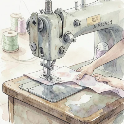 Sewing machine close-up with fabric being guided through, thread spools in backg
