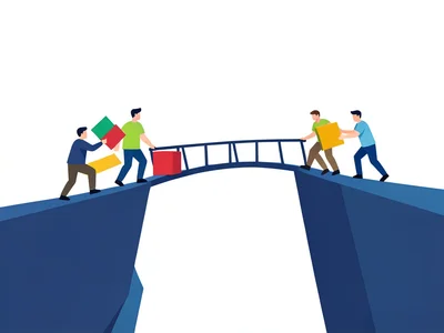 A team building a bridge from one cliff to another, each person carrying a diffe