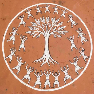 Rain ceremony circle — figures around central tree with raised arms